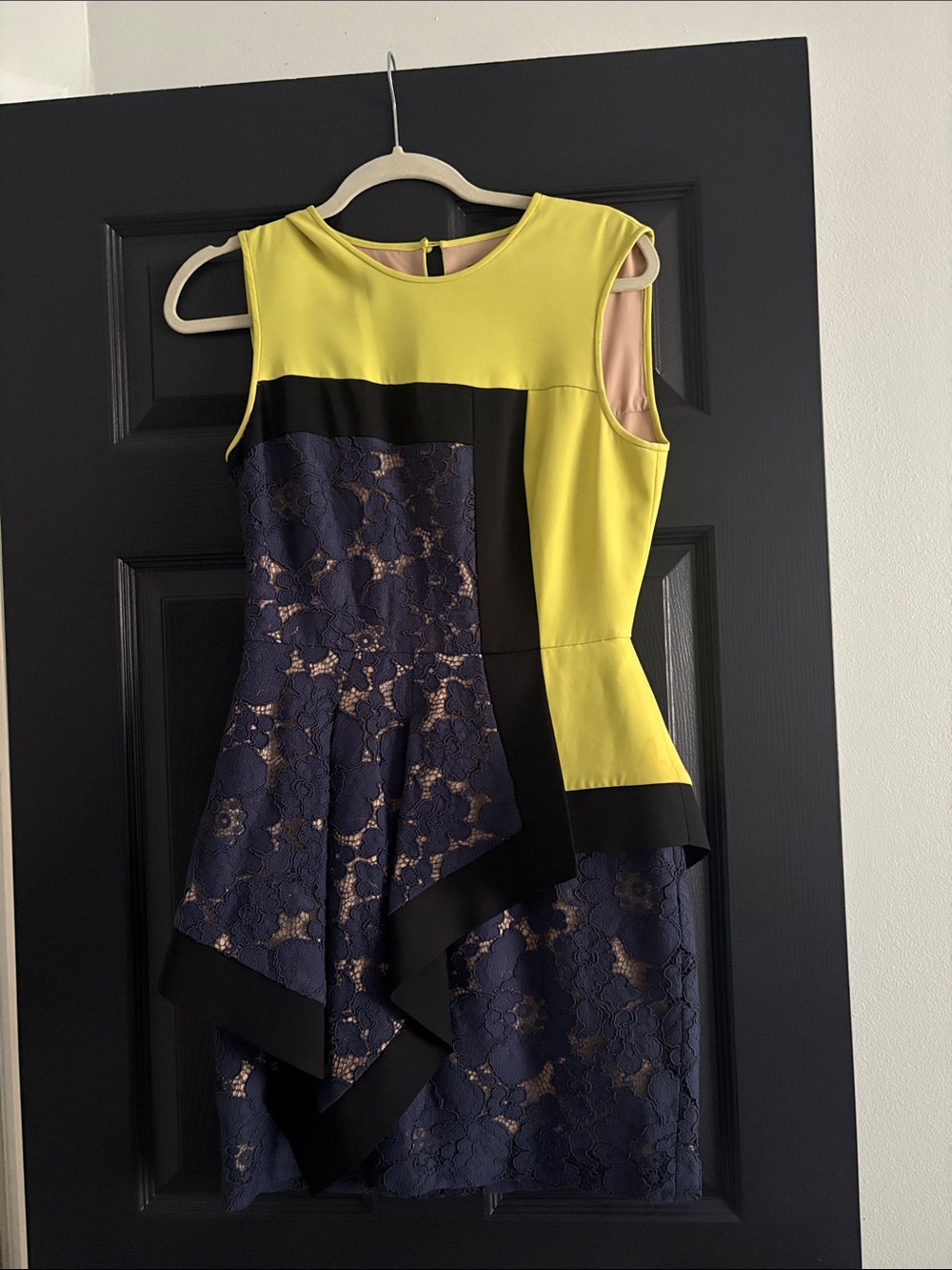 BCBGMaxAzria Yellow, Navy & Black Lace Panel Cocktail Dress